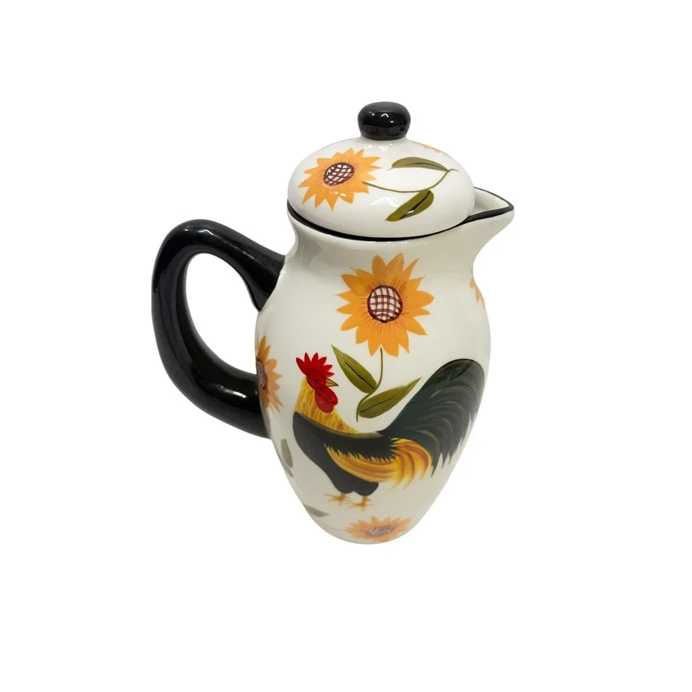 Casa Vero by ACK Hand Painted Rooster Sunflower Ceramic Pitcher with Lid 10 in
